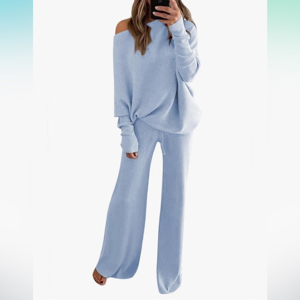 Womens Knitted Outfits 2 Pieces Sweatsuit High Neck Sweater Wide Leg Pant Set